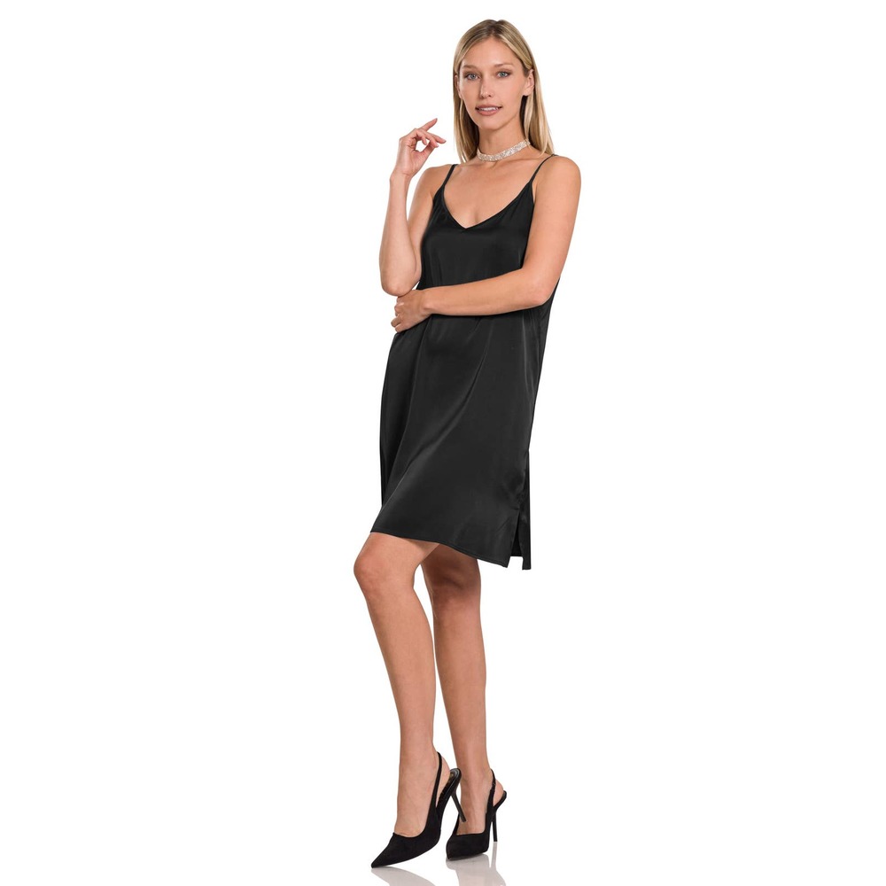 Zenana Women's Satin Slip Dress Black NWT
